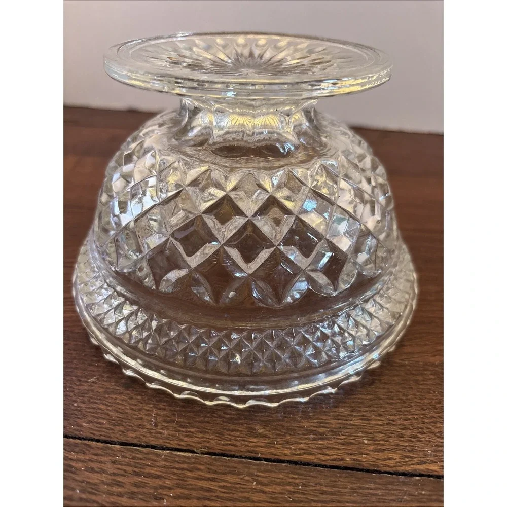 Vintage Clear Pressed Glass Footed Bowl Diamond Cut Scalloped Rim Compote 6 inch